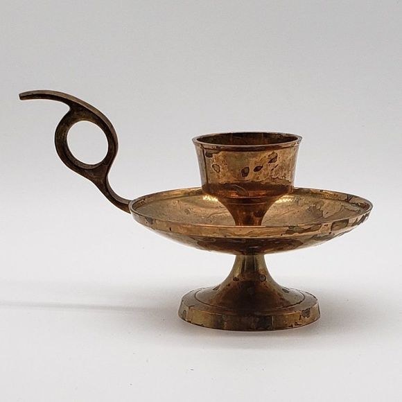 Solid Brass Vntg Pedestal Chamber Walking Candlestick Holder with Finger Ring - Picture 2 of 10